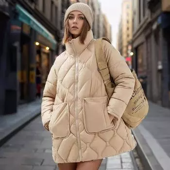 YJKDYK 2024 зимняя женская стеганая куртка женская однотонная с высоким воротником теплая парка пальто топы женская хлопковая куртка с 2 карманами M чёрный