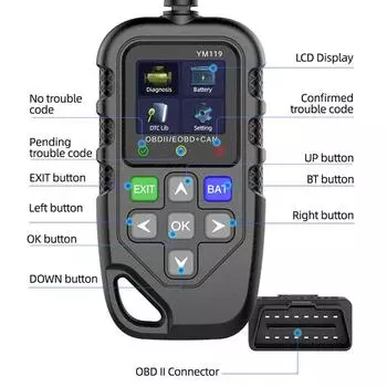 YM119 OBD2 Code Reader работает со всеми автомобилями, автоматический диагностический инструмент, поддерживает несколько языков, считывает информацию об автомобиле
