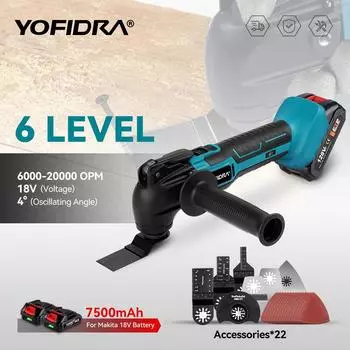 YOFIDRA осциллирующий многофункциональный инструмент с 6 передачами, беспроводной аккумуляторный триммер для деревообработки, режущие инструменты для батареи Makita 18 В 2x 128VF Battery -EU Plug