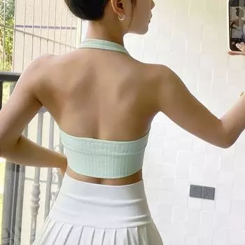 Yoga Beauty Back Hanging Neck Small Sling Fitness Vest Women One-Piece Quick-Drying With Chest Pad Sports Bra Underwear New Vigour Green S