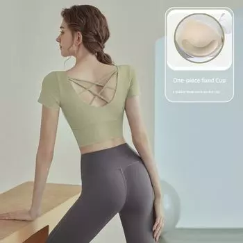 Yoga Belt Chest Pad Beauty Back Suit Women s T-shirt Silm Slim Looking Nude Feel Fitness Exercise Running Long Sleeve Quick-Drying Tops Cardamom green short sleeve S