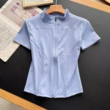 Yoga Clothes ~ 2024 Summer Stand Collar Zipper Waist-Tight Silm Workout Clothes Running Short Sleeve Sports Casual T-shirt Women Blue S