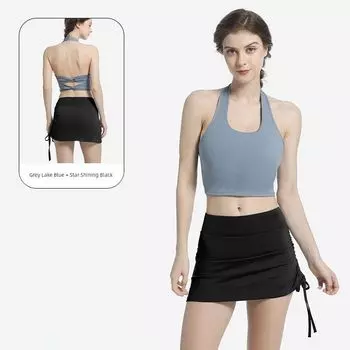 Yoga Clothes for Women 2025 Summer New Sports Tops Bra Workout Clothes Slim Looking Quick-Drying Training Wear Skirt Outfit Women Grey Lake Blue [Bra] + Xingyao Black [Skirt]] L