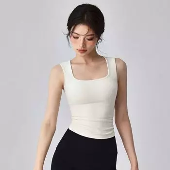 Yoga Clothes Vest Quick-Drying One-Piece Fixed Coaster Women Shockproof Push up Not Show Belly All-Match Outer Wear Workout Clothes Ivory White M
