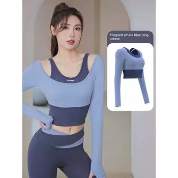 Yoga Clothes with Chest Pad Long Sleeves Tops Workout Clothes for Women 2025 Spring & Fall New Arrival Running Quick-Drying Professional Sports Suit Gray Lake Blue M [Suggested 45.00 kg-52.50 kg]]