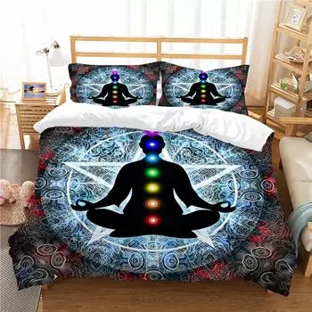 Комплект постельного белья для йоги King Queen Size Chakra Meditation Полиэстеровый комплект постельного белья Blue Mandala Boho с принтом Chakra Art для мальчиков и девочек 70x133cm 2pcs