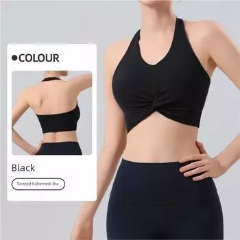 Yoga Halterneck Pile Style Bra Beauty Back Yoga Medium Tenacity Sports Vest Female Bubble Wrap Training Workout Exercise Underwear Black M