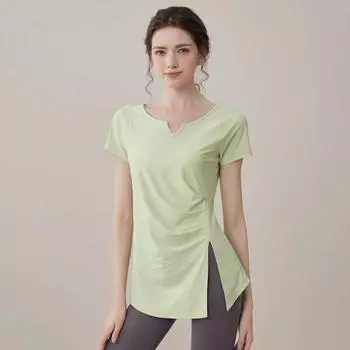 Yoga Jacket Women s Loose Split Summer Short-Sleeved Running Fitness Sports Stretch Pure Desire Style Workout Top Women Clear water Green S