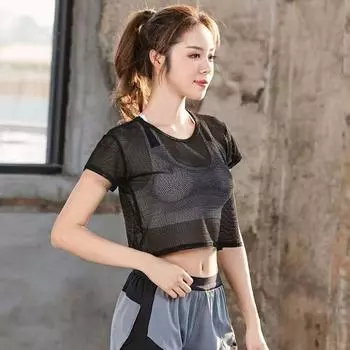 Yoga Mesh Short Sleeve Breathable Quick-Drying Exercise Top Women s Short Crop Top Running Workout Blouse Training T-Shirt Women Black S
