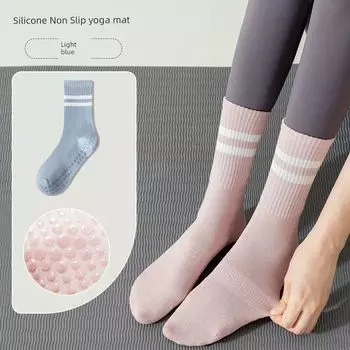 Yoga Non-Slip Socks Women s Dance Trampoline Pilates Fitness Stripe Tube Socks Indoor Shock Absorption Sports Yoga Socks Light blue [1 pair]]