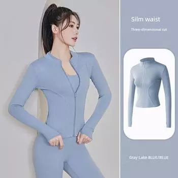 Yoga Outwear Women s Autumn and Winter Running Sports Cycling Clothing Fleece Zipper Long Sleeve Slim-Fit Top Yoga Clothes Women Gray Lake Blue 3XL