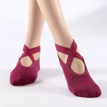 Yoga Socks Children Tied Anti-Slip Beginner Professional Sports Breathable Fitness Dance Pilates Five Finger Yoga Socks Wine red round head(Terry bottom)