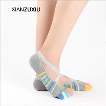 Yoga Socks Cotton Lace Mesh Studded with Diamonds for Spring Summer Autumn and Winter Gray full finger 1 pair