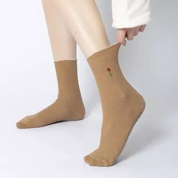 Yoga Socks Non Slip Professional Female Pilates Special Socks All Year Round Neutral Indoor Fitness Embroider Knee Socks Room Socks CAMEL