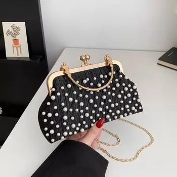 Yogodlns Artificial Pearl Diamond Inlaid Shoulder Bag Metal Chain Messenger Bag Lady Banquet Shell Bag Fashion Evening Clutch Handbag