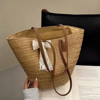 Yogodlns Bag for Beach Large Capacity Straw Woven Tote Vacation Simple and Versatile Design Designer Women Shopper Shoulder Bags 23x14x29cm хаки