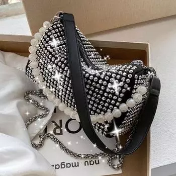 Yogodlns блестящая яркая сумка через плечо с бриллиантами женская сумка-подушка из искусственной кожи модная сумка-мессенджер с жемчугом элегантная сумка через плечо 18*9*12cm белый