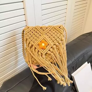Yogodlns богемная хлопковая женская модная пляжная сумка с кисточками, новая тенденция, универсальный стиль, сумки через плечо с клапаном 20x18cm бежевый