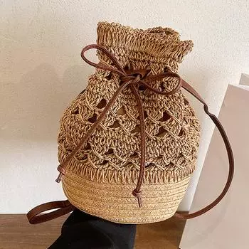Yogodlns богемная соломенная сумка Holliw для женщин, летняя тканая сумка-ведро, праздничные женские пляжные сумки, повседневная сумка через плечо на шнурке 20*20*30cm бежевый