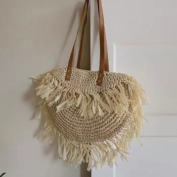 Yogodlns богемные круглые соломенные сумки с кисточками, женские сумки через плечо из ротанга, плетеная женская сумка на плечо, маленькие кошельки, летние пляжные сумки 40*1*33cm бежевый