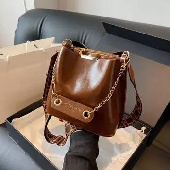 Yogodlns Большая вместимость, женская сумка-ведро на одно плечо, наклонная сумка из искусственной кожи, однотонная сумка через плечо, универсальные сумки 22x12x24cm чёрный