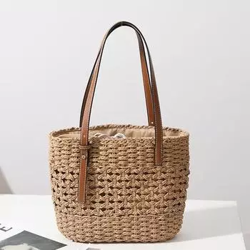Yogodlns большая вместительная соломенная сумка на плечо для женщин, летняя тканая пляжная сумка-тоут с ручкой сверху, сумка-шоппер 28x10x21cm бежевый