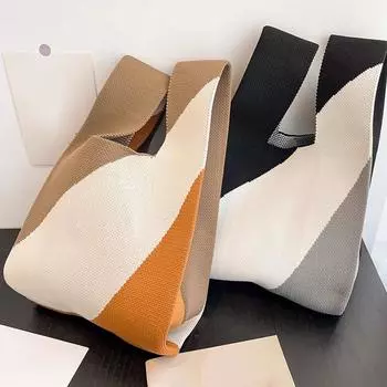 Yogodlns, черно-белая вязаная сумка, большая сумка ручной работы, многоразовые сумки для покупок для женщин и девочек, повседневная сумка на запястье с узлом, сумка для хранения на открытом воздухе 20x36cm коричневый