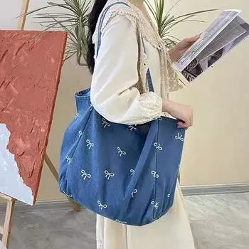 Yogodlns Чистый цвет джинсовой ткани большой емкости сумка модная бабочка узор плечо женская сумка зимняя повседневная дорожная сумка для шоппинга 34x20x30cm синий