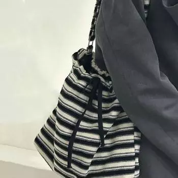 Yogodlns Contrast Color Striped Women Shoulder Bag Vintage All Match Handbags Drawstring Knitted High-capacity Crossbody Bags