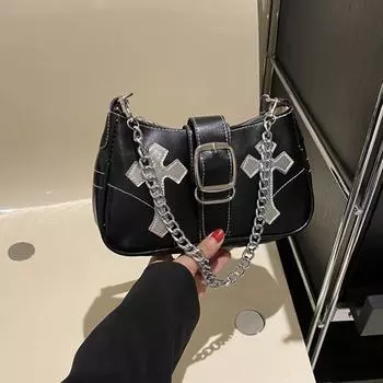 Yogodlns Cool Chain Girls Underarm Bags Simple Pu Leather Womens Small Shoulder Bag Fashion Retro Female Clutch Handbags Wallet 24x7x14cm чёрный