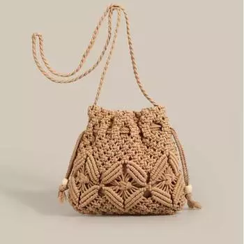 Yogodlns Дизайн Тканая Сумка Мода Бохо Выдалбливают Ведро Ручной Работы Сумка Через Плечо Летняя Пляжная Сумка Вязаный Чехол Для Телефона 21x8x20cm бежевый