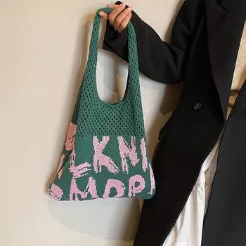 Yogodlns Fashion Casual Women Contrast Color Aesthetic Knit Bag Large Capacity Letter Printed Travel Shopping Crochet Shoulder Bag Daily Handbag