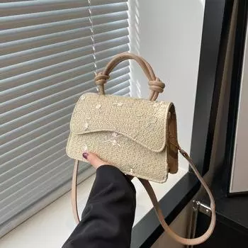 Yogodlns Fashion Grass Woven Straw Bag Handmade Braid Rattan Handbags Bohemian Large Capacity Crossbody Bag for Women 21x7x13cm белый