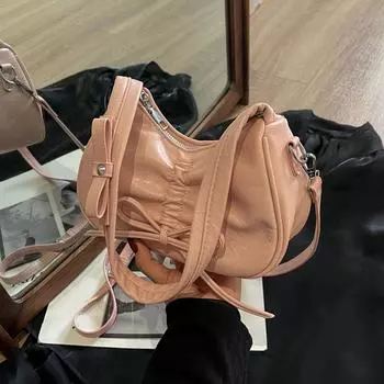 Yogodlns Fashion PU Leather Zipper Pleated Women s Shoulder Bag New Commuting High-capacity Solid Color Bow Decor Crossbody Bag