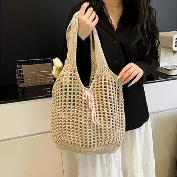 Yogodlns Fashion Summer Beach Bags Women Shoulder Bag Female Hollow Handwoven Knitted Soft Handbag Large Casual Tote Simple Storage Bag 40x3x32cm бежевый