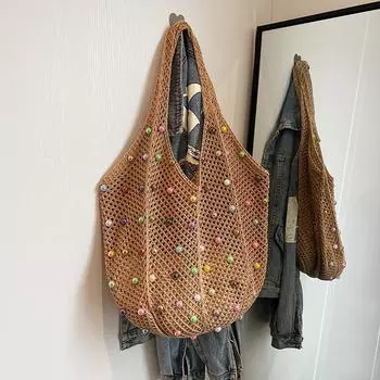 Yogodlns Модная женская сумка через плечо с ажурным узором, летняя пляжная, большая вместимость, декорированная бисером, верхняя ручка, сумка-шоппер, вязаная крючком 53x2x42cm хаки