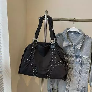 Yogodlns Fashionable Nylon Rivet Underarm Tote Bag Women s Large Capacity Shoulder Commuter Bag Autumn Trend Pure Color Bags Handbag 43x17x30cm чёрный