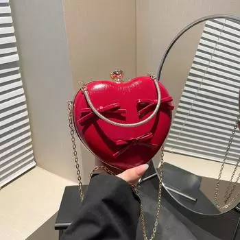 Yogodlns Female Shoulder Bags Advanced Fashion Blue Heart Bow New Trend Sweet Lovely Leisure Trend Solid Color Chain Simple Crossbody Bag 16x6x14cm вино красного