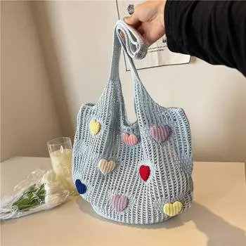 Yogodlns Hollow Out Lover Heart Thread Woven Bag Beach Handbag Tote Bag Beach Bag Large Capacity Bohemian Style Shoulder Bag Girls 34x7x35cm белый