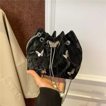 Yogodlns Элегантная женская сумка-ведро с цепочкой-бабочкой на завязках, модная однотонная сумка через плечо из искусственной кожи с верхней ручкой 16x10x15cm белый