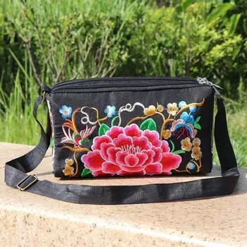 Yogodlns Юньнань, сумка через плечо в этническом стиле, сумка через плечо с вышитым цветком, парусиновая сумка для отдыха, простая женская трехслойная сумка на плечо 25x9x12cm красный