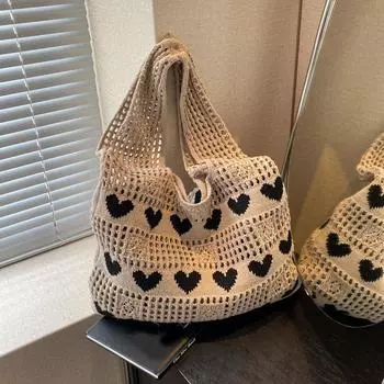 Yogodlns Knitted Handbags Female Large Capacity Totes Women s Shoulder Bag Summer Beach Bag Casual Hollow Woven Shopping Purses 37x8x31cm чёрный