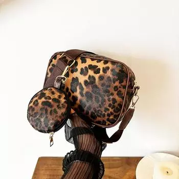 Yogodlns Комплект из двух предметов Женская сумка на плечо с кошельком для монет Модная маленькая квадратная сумка с леопардовым принтом Новая женская сумка через плечо для телефона 20x7.5x15cm коричневый