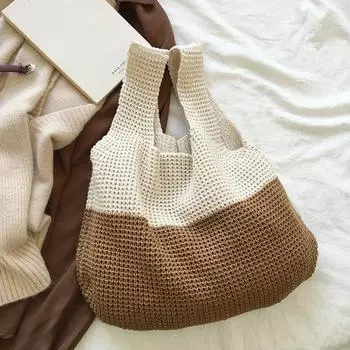 Yogodlns Контрактный цвет вязаная сумка для покупок через плечо для женщин винтажная ажурная сумка для девочек большая вместительная женская сумка вязаная крючком сумка 38x27cm чёрный