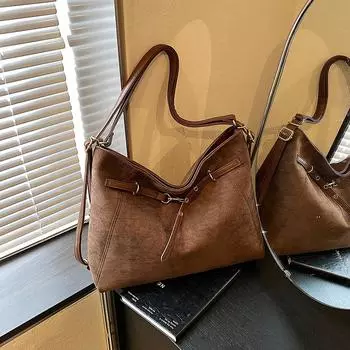 Yogodlns Lazy Style Retro Single Shoulder Underarm Bag Minimalist Tote Bag Large Capacity Commuting Bag Crossbody Bags 37x13x28cm коричневый