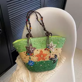 Yogodlns летние соломенные сумки на плечо для женщин из ротанга, дорожная большая вместительная тканая пляжная сумка ручной работы, женские сумки-тоут для покупок 41x12x26cm синий