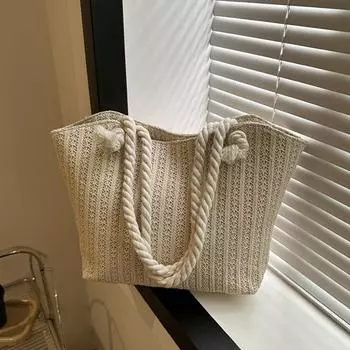 Yogodlns, летние соломенные женские сумки на плечо ручной работы, модная тканая верхняя ручка, большая вместительная женская сумка-тоут для отдыха 26x9.5x26.5cm бежевый