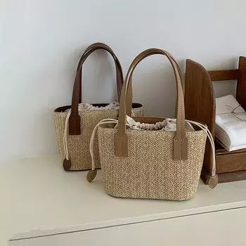 Yogodlns, летние соломенные женские сумки-ведра ручной работы, модная тканая сумка через плечо с ручкой сверху и шнурком для отдыха 20x9x14cm чёрный