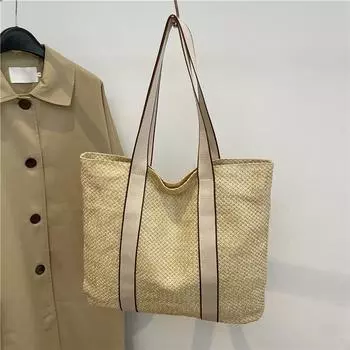 Yogodlns, летние сумки ручной работы для женщин, пляжные тканые женские соломенные пляжные сумки, большая вместительная сумка с верхней ручкой, сумки-тоут 40x2x37cm бежевый