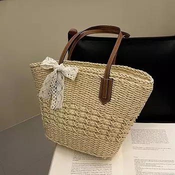 Yogodlns Летняя плетеная соломенная сумка-тоут большой емкости для женщин, корзина, новая пляжная сумка через плечо, сумка под мышкой 27x13x26cm бежевый